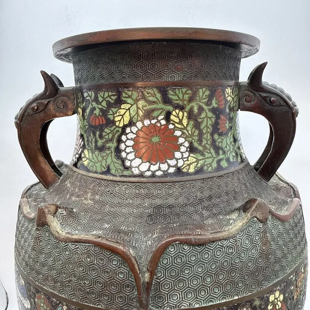 17.5” Antique Japanese Bronze Champleve Cloisonné Enamel Vase Dragon Handles ⬇️